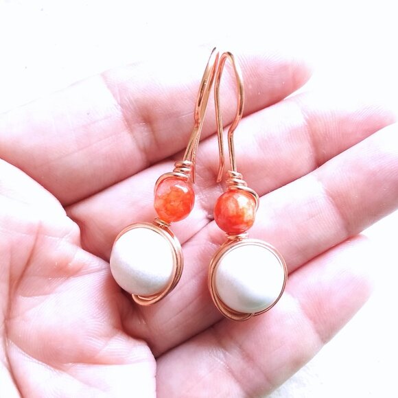 Uniquely Handmade Earrings: Lively Glowing Orange & Creamy White Stone w. Copper - Picture 2 of 11